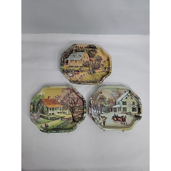 Vtg. Currier & Ives American Homestead 3 Seasons 1868 Metal Serving trays 7.5x6 - Picture 1 of 8